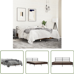 vidaXL Houten Bed - Bed Frame - Bedframe bewerkt hout metaal gerookt eikenkleurig 150x200 cm - Bruine Bed - Tweepersoonsbed - Slaapcomfort