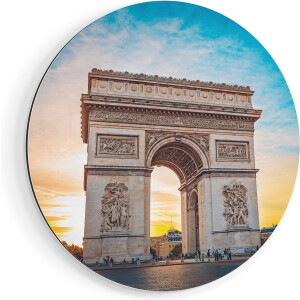 Artaza Dibond Muurcirkel Arc De Triomphe In Parijs Met Zonsondergang - Ø 70 cm - Wandcirkel - Rond Schilderij - Voor Binnen en Buiten