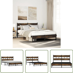 vidaXL Houten Bed - Bedframe - Bedframe zonder matras metaal gerookt eikenkleurig 160x200 cm - Metalen Bed - Boxspring - Slaapkamer Decoratie
