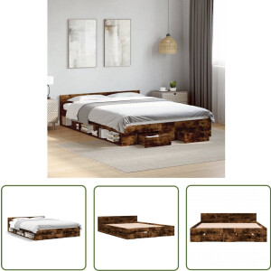 vidaXL Houten Bed - Bed Frame - Bedframe met lades bewerkt hout gerookt eikenkleurig 135x190 cm - Bruine Bed - Tweepersoons Bed - Boxspring Bed