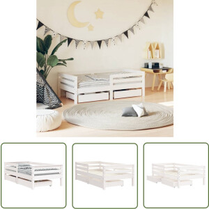vidaXL Massief Hout Bed - Kinderbed Frame - Kinderbedframe met lades 70x140 cm massief grenenhout wit - Grenenhout Bed - Witte Kinderkamer - Kinderbed Met Opbergruimte