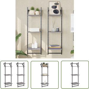 vidaXL Houten Wandplank - Wanddecoratie - Wandschappen 3-laags met stangen 2 st 30x25x100 cm grijs sonoma - Grijze Wandkast - Opslagmogelijkheid - Minimalistisch Design