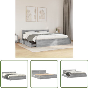 vidaXL Houten Bed - Bed Frame - Bedframe met hoofdeinde bewerkt hout grijs sonoma 200x200 cm - Tweepersoonsbed - Boxspring Bed - Slaapcomfort