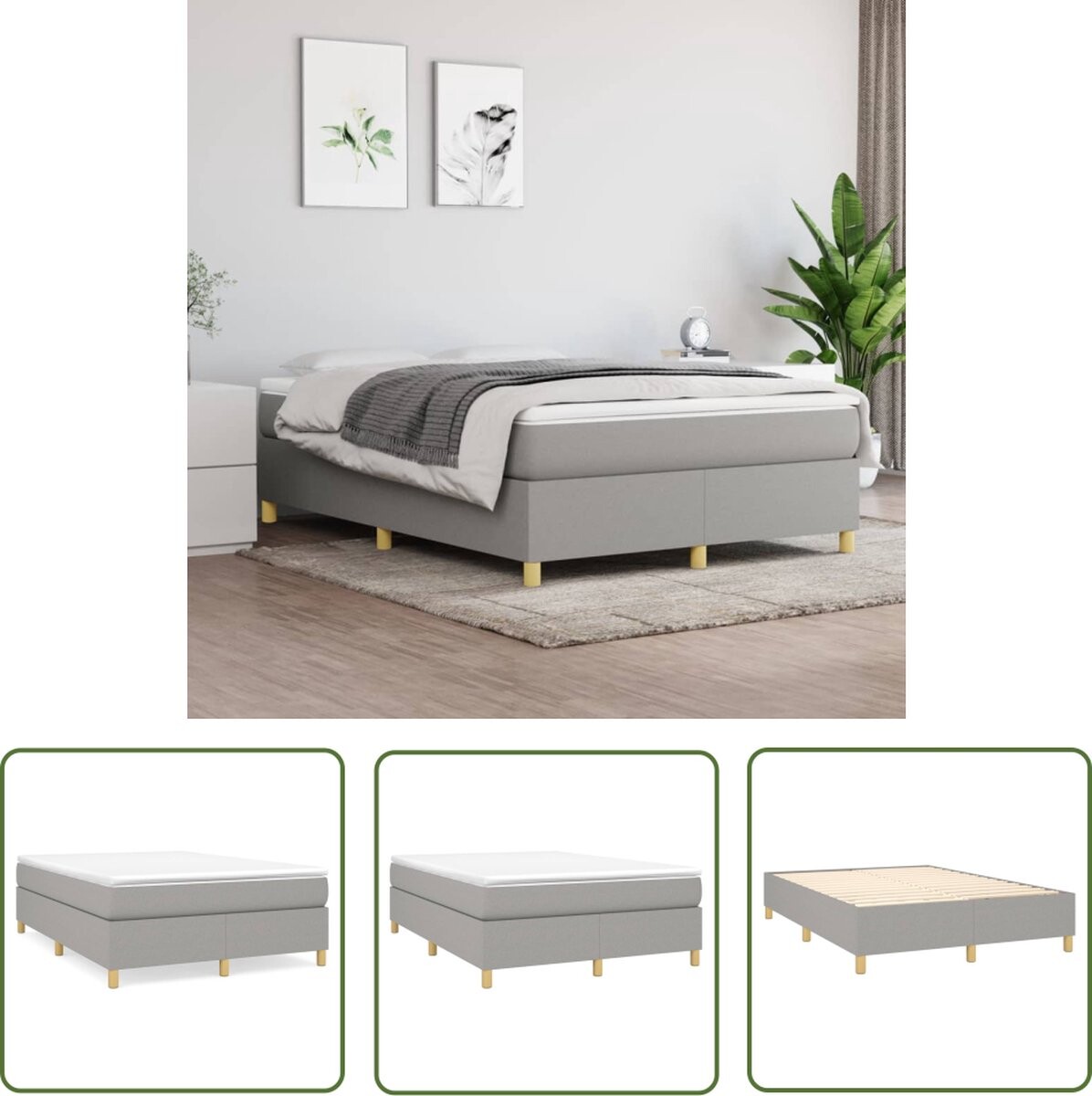 vidaXL Bed - Boxspring - Boxspring met matras stof lichtgrijs 140x200 cm - Boxspringbed - Tweepersoonsbed - Grijs Bed