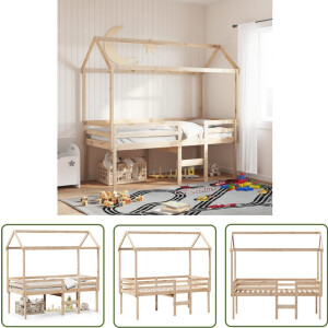 vidaXL Kinderbed - Hoogslaper - Hoogslaper met dak massief grenenhout 90x190 cm - Houten Bed - Grenenhout Bed - Kids Kamer