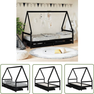 vidaXL Houten Bed - Kinderbed - Kinderbedframe met lades 90x200 cm massief grenenhout zwart - Peuterbed - Kids Bed - Grenenhouten Bed