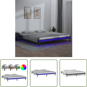 vidaXL Led Verlichting - Houten Bedframe - Bedframe LED massief hout grijs 140x190 cm - Slaapkamers - Bed - Grieze Bedframe