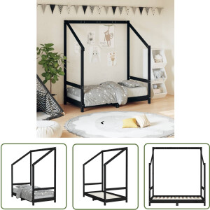 vidaXL Kinderbed - Peuterbed - Kinderbedframe 70x140 cm massief grenenhout zwart - Houten Bed - Grenenhouten Bed - Bed Met Gordijnen