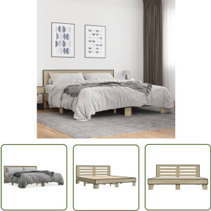vidaXL Houten Bed - Bed Frame - Bedframe bewerkt hout metaal sonoma eikenkleurig 200x200 cm - Metalen Bed - Sonoma Eiken - Tweepersoonsbed