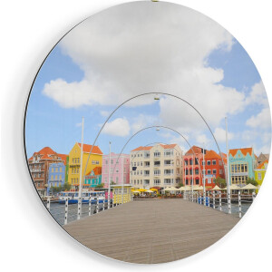 Artaza Dibond Muurcirkel Willemstad Gekleurde Huisjes in Curaçao - Ø 50 cm - Klein - Wandcirkel - Rond Schilderij - Voor Binnen en Buiten