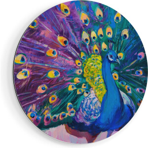Artaza Dibond Muurcirkel Pauw Met Kleurrijke Veren Van Olieverf - Abstract - Ø 60 cm - Wandcirkel - Rond Schilderij - Voor Binnen en Buiten