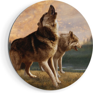 Artaza Dibond Muurcirkel Twee Wolven Op Het Gras - Ø 50 cm - Klein - Wandcirkel - Rond Schilderij - Voor Binnen en Buiten
