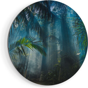 Artaza Dibond Muurcirkel Dichtbegroeide Jungle Met Zonnestralen  - Ø 90 cm - Groot - Wandcirkel - Rond Schilderij - Voor Binnen en Buiten