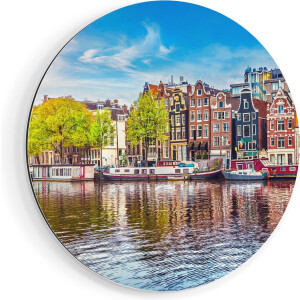 Artaza Dibond Muurcirkel Amsterdamse Huisjes Aan Het Water - Ø 70 cm - Wandcirkel - Rond Schilderij - Voor Binnen en Buiten