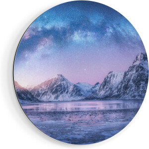 Artaza Dibond Muurcirkel Melkweg Bij De Besneeuwde bergen - Ø 70 cm - Wandcirkel - Rond Schilderij - Voor Binnen en Buiten