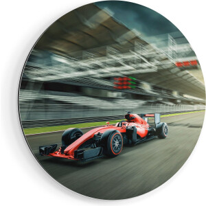Artaza Dibond Muurcirkel Formule 1 Auto bij de Finish in het Rood - Ø 90 cm - Groot - Wandcirkel - Rond Schilderij - Voor Binnen en Buiten