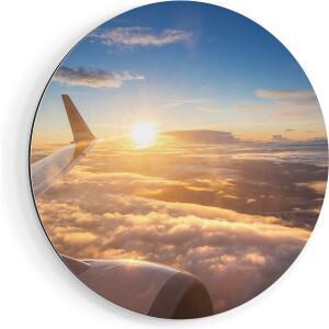 Artaza Dibond Muurcirkel - Vliegtuig In De Lucht Met De Zon - Ø 90 cm - Groot - Wandcirkel - Rond Schilderij - Voor Binnen en Buiten