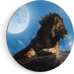 Artaza Dibond Muurcirkel Leeuw Tijdens Volle Maan - Ø 60 cm - Wandcirkel - Rond Schilderij - Voor Binnen en Buiten