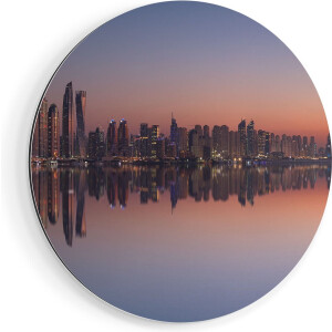 Artaza Dibond Muurcirkel Skyline Dubai Stad bij Zonsondergang - Ø 60 cm - Wandcirkel - Rond Schilderij - Voor Binnen en Buiten