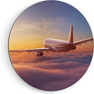 Artaza Dibond Muurcirkel Vliegtuig In De Wolken Bij Zonsondergang - Ø 60 cm - Wandcirkel - Rond Schilderij - Voor Binnen en Buiten