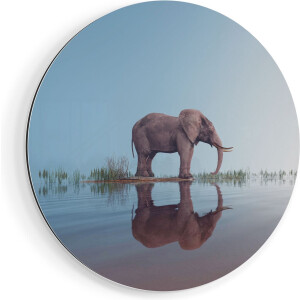 Artaza Dibond Muurcirkel Olifant Bij Het Water - Ø 90 cm - Groot - Wandcirkel - Rond Schilderij - Voor Binnen en Buiten