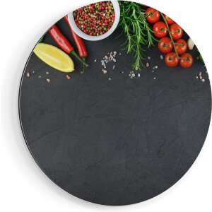 Artaza Dibond Muurcirkel Kruiden Met Groenten Op Een Zwarte Plaat - Ø 50 cm - Klein - Wandcirkel - Rond Schilderij - Voor Binnen en Buiten
