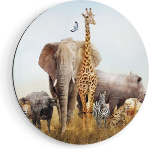 Artaza Dibond Muurcirkel Afrikaanse Dieren op het Gras - Afrika - Ø 60 cm - Wandcirkel - Rond Schilderij - Voor Binnen en Buiten