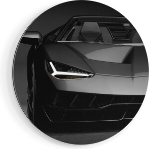 Artaza Dibond Muurcirkel Zwarte Sportwagen Auto - Ø 50 cm - Klein - Wandcirkel - Rond Schilderij - Voor Binnen en Buiten