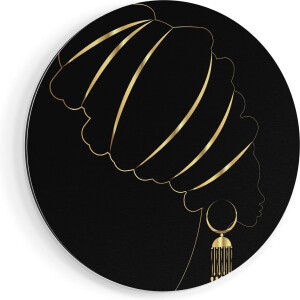 Artaza Dibond Muurcirkel - Afrikaanse Vrouw Met Gouden Zwarte Tulband - Ø 40 cm - Klein - Wandcirkel - Rond Schilderij - Voor Binnen en Buiten