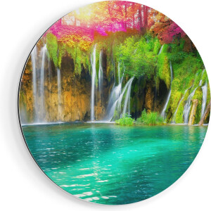 Artaza Dibond Muurcirkel Waterval Met Roze En Groene Bloemen - Ø 60 cm - Wandcirkel - Rond Schilderij - Voor Binnen en Buiten