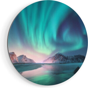 Artaza Dibond Muurcirkel Groene Noorderlicht in Noorwegen - Ø 50 cm - Klein - Wandcirkel - Rond Schilderij - Voor Binnen en Buiten