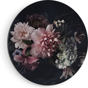 Artaza Dibond Muurcirkel Diverse Bloemen Op Zwart Achtergrond - Ø 60 cm - Wandcirkel - Rond Schilderij - Voor Binnen en Buiten
