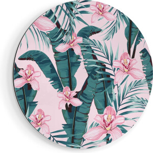 Artaza Dibond Muurcirkel Tropische Roze Zomer Bloemen Met Bladeren - Ø 40 cm - Klein - Wandcirkel - Rond Schilderij - Voor Binnen en Buiten