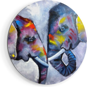 Artaza Dibond Muurcirkel Twee Getekende Olifanten - Abstract - Ø 70 cm - Wandcirkel - Rond Schilderij - Voor Binnen en Buiten