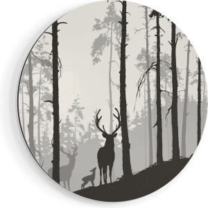 Artaza Dibond Muurcirkel Herten In Het Bos - Silhouet  - Ø 50 cm - Klein - Wandcirkel - Rond Schilderij - Voor Binnen en Buiten