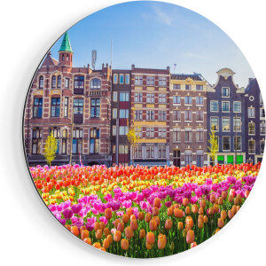 Artaza Dibond Muurcirkel Amsterdamse Huisjes Met Tulpen - Kleur - Ø 40 cm - Klein - Wandcirkel - Rond Schilderij - Voor Binnen en Buiten