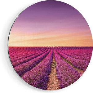 Artaza Dibond Muurcirkel Paarse Lavendel Bloemenveld - Ø 90 cm - Groot - Wandcirkel - Rond Schilderij - Voor Binnen en Buiten