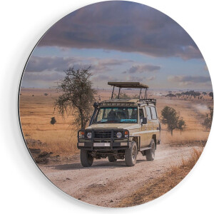 Artaza Dibond Muurcirkel Safari Auto in de Savanne - Ø 80 cm - Groot - Wandcirkel - Rond Schilderij - Voor Binnen en Buiten