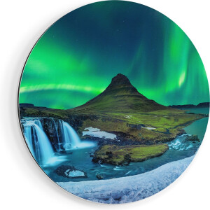 Artaza Dibond Muurcirkel Noorderlicht bij de Watervallen in IJsland - Ø 60 cm - Wandcirkel - Rond Schilderij - Voor Binnen en Buiten