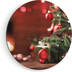 Artaza Dibond Muurcirkel Kerstboom Met Rode Lichtjes En Kerstballen - Ø 80 cm - Groot - Wandcirkel - Rond Schilderij - Voor Binnen en Buiten
