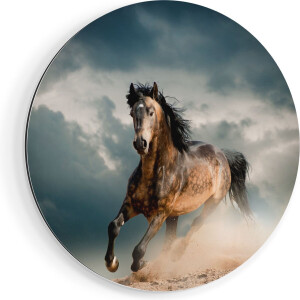 Artaza Dibond Muurcirkel Wilde Paard In Het Zand  - Ø 50 cm - Klein - Wandcirkel - Rond Schilderij - Voor Binnen en Buiten