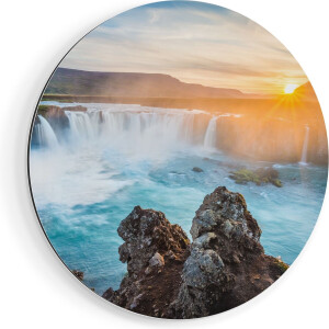 Artaza Dibond Muurcirkel Watervallen Bij Zonsondergang - Ø 60 cm - Wandcirkel - Rond Schilderij - Voor Binnen en Buiten