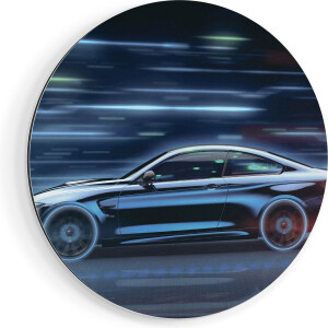 Artaza Dibond Muurcirkel Zwarte Sportwagen Auto - Ø 40 cm - Klein - Wandcirkel - Rond Schilderij - Voor Binnen en Buiten