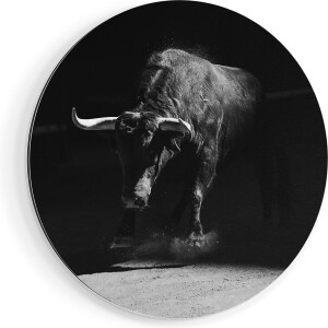 Artaza Dibond Muurcirkel Stier In De Arena - Zwart Wit - Ø 90 cm - Groot - Wandcirkel - Rond Schilderij - Voor Binnen en Buiten