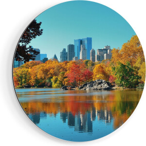 Artaza Dibond Muurcirkel Central Park In New York Tijdens De Herfst - Ø 80 cm - Groot - Wandcirkel - Rond Schilderij - Voor Binnen en Buiten
