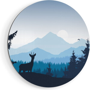 Artaza Dibond Muurcirkel Hert In Het Bos - Silhouet  - Ø 40 cm - Klein - Wandcirkel - Rond Schilderij - Voor Binnen en Buiten