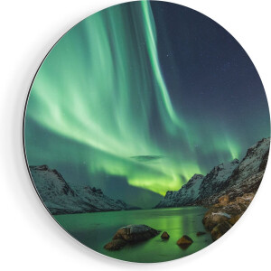 Artaza Dibond Muurcirkel Noorderlicht boven het Water in de Bergen - Ø 40 cm - Klein - Wandcirkel - Rond Schilderij - Voor Binnen en Buiten