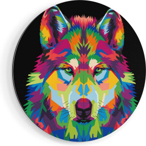 Artaza Dibond Muurcirkel Gekleurde Wolvenkop - Wolf - Abstract - Ø 60 cm - Wandcirkel - Rond Schilderij - Voor Binnen en Buiten