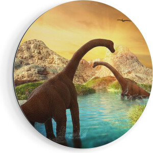 Artaza Dibond Muurcirkel Dinosauriërs in het Water - Dino's - Ø 80 cm - Groot - Wandcirkel - Rond Schilderij - Voor Binnen en Buiten