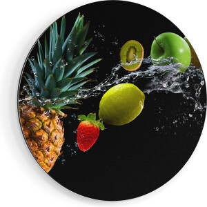 Artaza Dibond Muurcirkel Fruit Met Water Op Zwart Achtergrond - Ø 80 cm - Groot - Wandcirkel - Rond Schilderij - Voor Binnen en Buiten